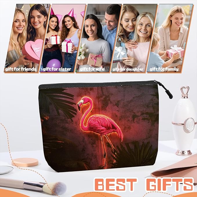 Cosmetic Bags Travel Makeup Toilet Case Waterproof Pouch for Women Girls 6.7X9.45inches - Pink Flamingo With Neon Lighting