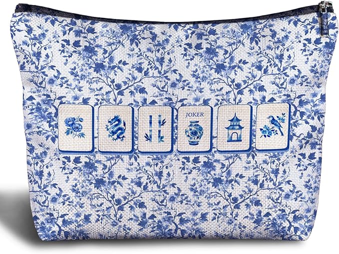 Blue and White Chinoiserie Mahjong Makeup Bag, Mahjong Gifts for Women Cosmetic Bags, Gifts for Mah Jong Players Lovers Makeup Zipper Pouch