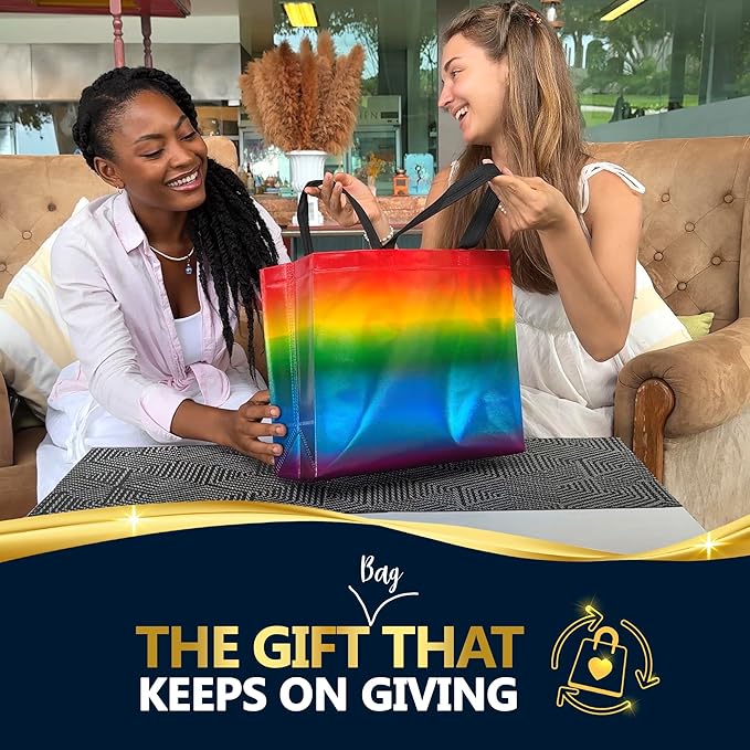 Nush Nush Large Rainbow Gift Bags– Set of 12 Colorful Holographic Reusable Gift Bags with Handles - Ideal Rainbow Goodie Bag for Birthday Party, Kids Party, Sleepover, Pride Events - 13x5x11