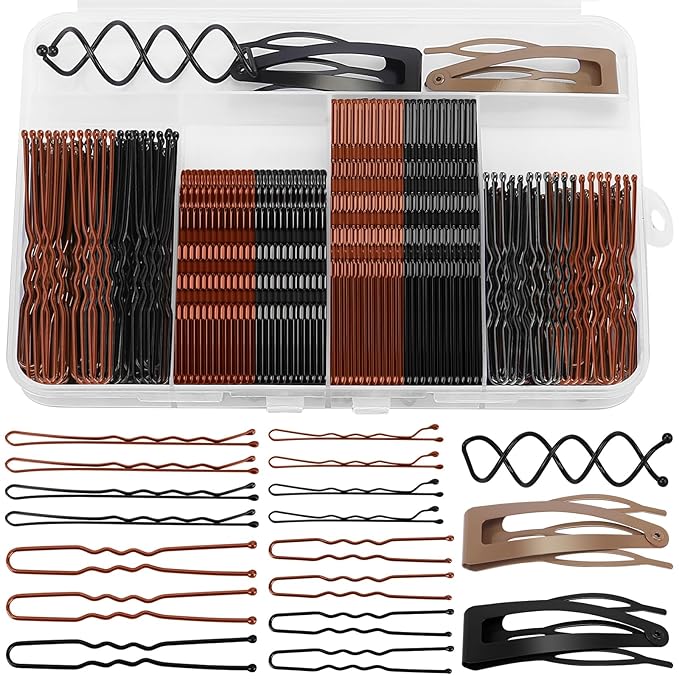 Bobby Pins Set Brown/Black – Mixed Color Kit with Bobby Pins, Snap Clips & Spiral Pin, for Women & Girls, Ideal for Updos, Buns, Parties & Weddings