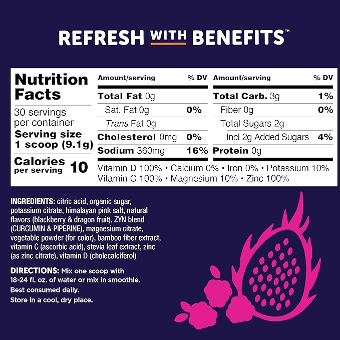 ZYN Electrolyte Hydration Drink Mix (30 Servings), BlackBerry Dragonfruit Electrolytes Powder, Hydrating Formula w/Turmeric Curcumin, Vitamin C & D, Zinc, Electrolyte Support Drink Mix