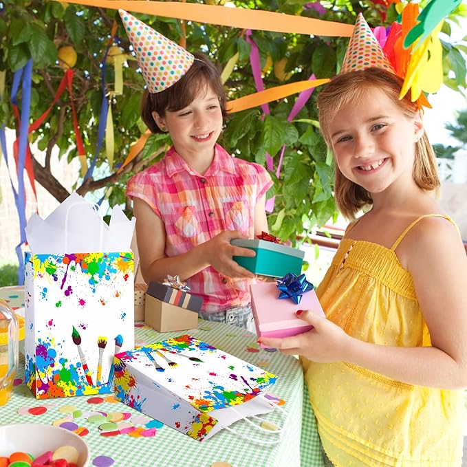 Durony 16-Piece Party Favor Bags with Handles - Tissue Paper Gift Bags for Birthday, Art Themed Party Supplies (8.6 x 6.2 x 3.1 Inches)