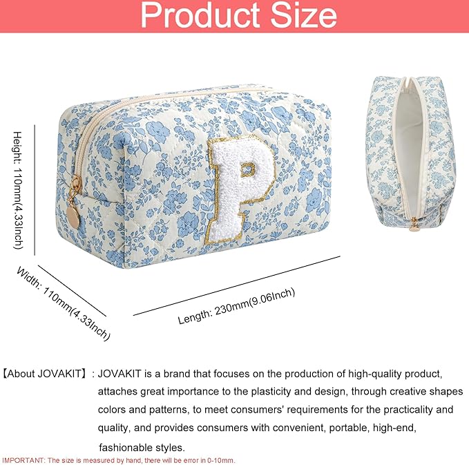 JOVAKIT Makeup Bag Cosmetic Bags for Women, Christmas Gifts for Girls Age 6-18, Alphabet Pink Floral Coquette Zipper Travel Makeup Pouch, Organizer Case Trendy Stuff (Pink+ Blue P)