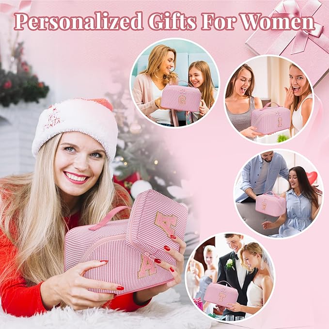 Travel Makeup Bag for Women, 2Pcs Portable Personalized Initial Makeup Organizer Bag, Open Flat Large Cosmetic Bag With Travel Essential Pouch (Pink Letter I)