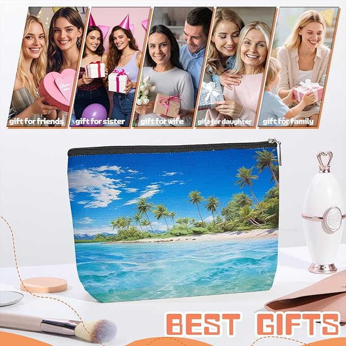 Makeup Bag Travel Cosmetic Bags Small Makeup Case Waterproof Zipper Pouch for Women Girls 7X9inches - Tropical Paradise with Palm - Lined Beach
