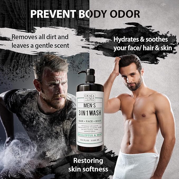 Dead Sea Collection Mens Body Wash 3 in 1 – Eucalyptus Body Wash for Men – Shower Gel – Shampoo – Shower Soap for Face and Hair – Pack of 2 Bottles (33.8 Fl. Oz. Each)