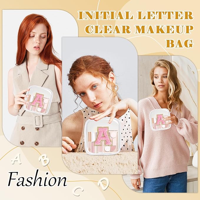 Personalized Initial Letter Clear Preppy Makeup Bag,Mini Nylon Chenille Letter Cosmetic Bag Cute Zipper Pouch Purse for Teen Girls,Portable TSA Approved Beach Travel Essentials Bag Gift for Women,A