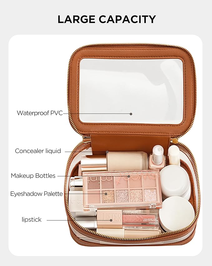HBlife Clear Makeup Bag Organizer, Portable Travel Toiletry Cosmetic Bag Case for Women, Large Make Up Bag Makeup Train Case Transparent Storage Bag Pouch with Handle(Brown)