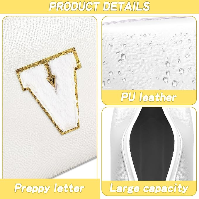 Gifts for Girls Initial Makeup Bag Personalized Cosmetic Bag with Zipper Cute Travel Toiletry Bags Waterproof PU Preppy Makeup Pouch Birthday Gift for Teen Girls Women(White V)