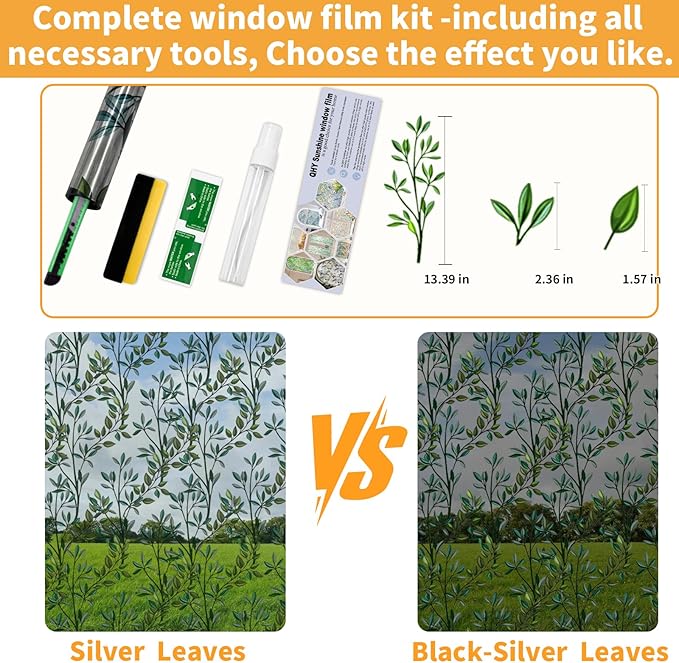 One Way Privacy Film, Window Tint for Home,Daytime Reflective, Anti UV Static Cling Sliding Door Coverings No Glue Garage Solar Paper (Silver-Leaves, 45.27 x 78.7 in)
