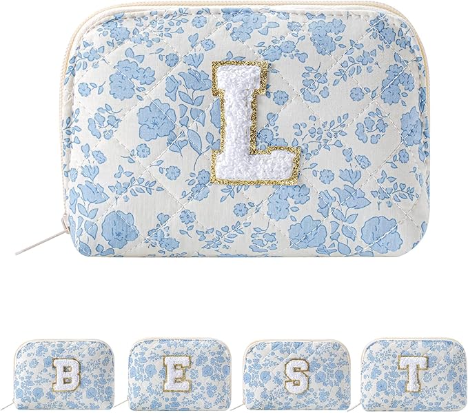JOVAKIT Conch Alphabet Makeup Bag Cosmetic Bag for Women, Christmas Gifts for Women Girls, Blue Floral Coquette Travel Bag, Zipper Make Up Pouch Organizer Trendy Stuff (Blue Floral L)