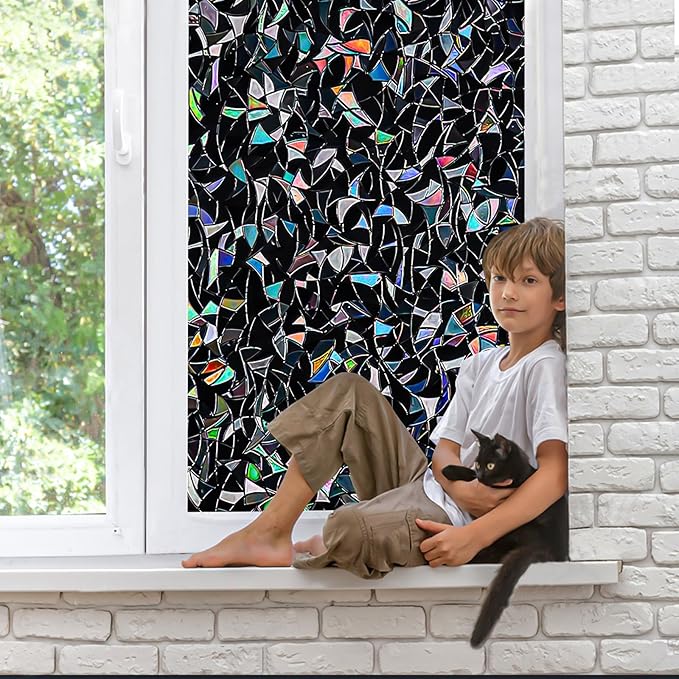 QHY Sunshine Total Blackout Window Film Privacy， Frosted Glass Window Film，Black Window Tint， No Glue， Detachable, no Marks, Suitable for Repeated use (Black Rainbow, 17.5 in X 157.4 in)