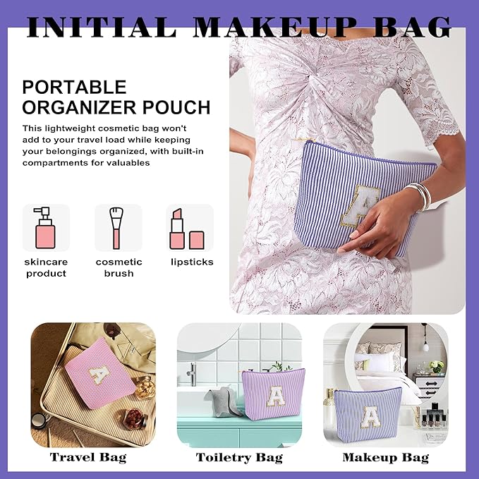 Travel Toiletry Bag Set for Women - Travel Essentials, Initial Travel Makeup Bag Organizer Small Cosmetic Bag for Purse Blue Stuff Gifts for Women Mom Girlfriend Teacher, Blue Letter K