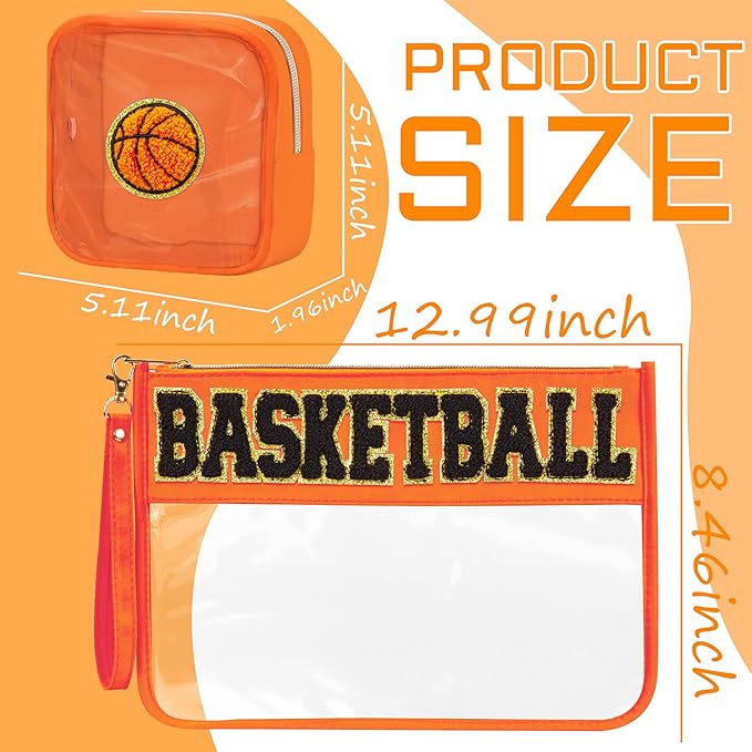 2 Pcs Basketball Gifts Makeup Bag with Chenille Letter Patch, Clear Cosmetic Pouch PVC Organizer Purse, Waterproof Travel Bag, Portable Toiletry Storage Bag for Her Girls Friends Women