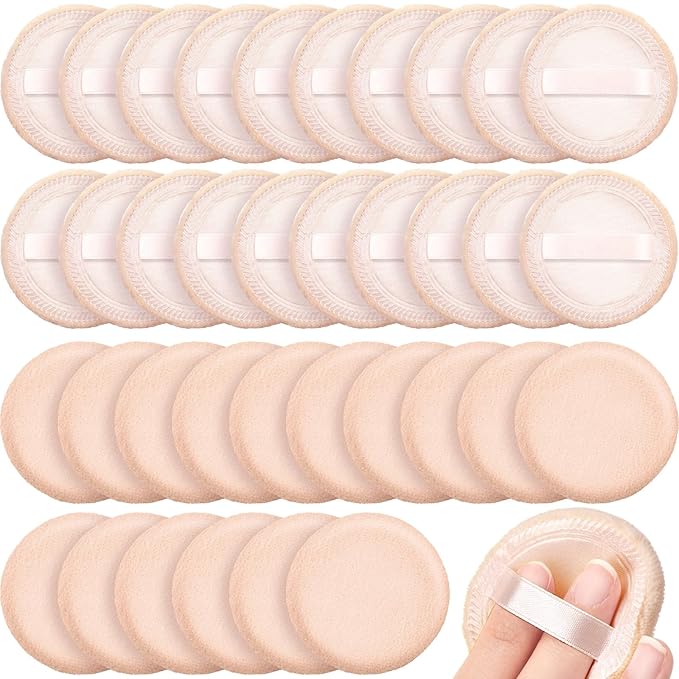 40 Pcs Cotton Powder Puffs Bulk Washable, 2.36 Inch Round Makeup Dusting Powder Puff with Ribbon for Face Body Cosmetic, Beige