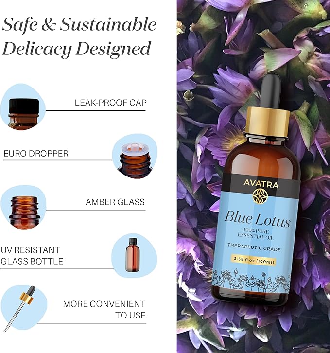 Avatra Blue Lotus Essential Oil for Diffuser, Skin & Candles | Natural & Undiluted Essential Oil | Aromatherapy, Soaps, Candles | Therapeutic Grade Essential Oil- 3.38 Fl Oz
