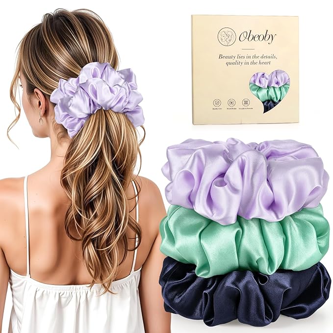3Pcs Satin Hair Scrunchies, Large Sleepy Hair Tie Scrunchie for Thick Curls Ponytail Holders Stocking Stuffers Gifts for Women Girls
