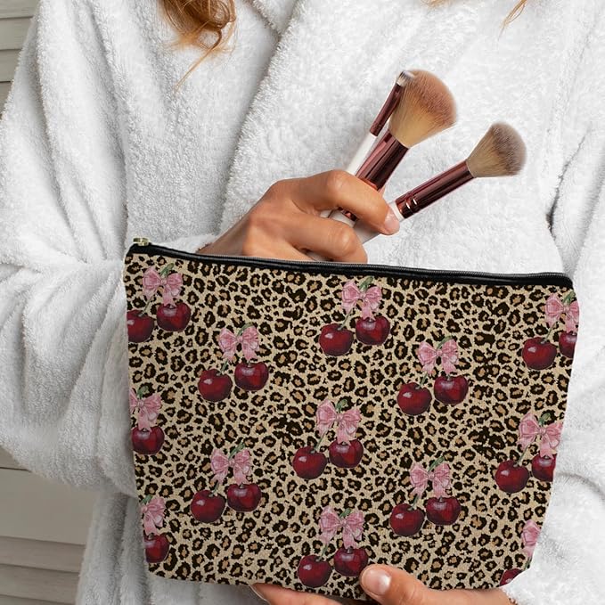 Leopard Print Cherry Makeup Bag, Coquette Preppy Pink Bow Cherry Cosmetic Bags Gifts for Women, Funky Y2k Cheetah Print Portable Travel Toiletry Bag Zipper Makeup Pouch