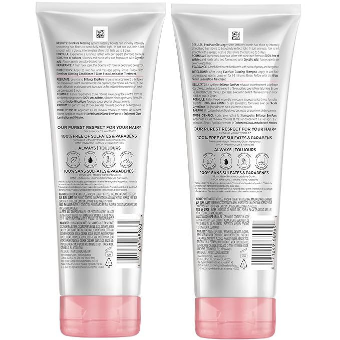 L'Oreal Paris Glossing Sulfate Free Shampoo and Conditioner Set with Glycolic Acid, Hair Care for Lasting Shine and Smoothness for Dull, Dry Hair, EverPure, 1 Kit