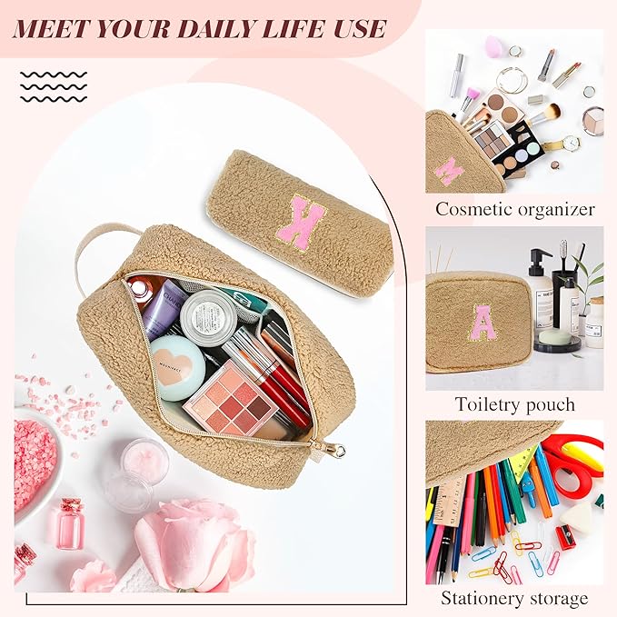 for Christmas Day Gifts, Personalized Initial Cosmetic Bag Pouch for Teen Girls, Preppy Makeup Travel Bags for Daughter Sister Girlfriend, Monogramed Make Up Pouch for Birthday Gifts - Brown U