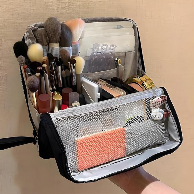 Makeup Bag,Standing Makeup Bag – Portable,Large Capacity Multi-purpose Large Capacity Oxford Cloth Standing Makeupbag Portable, Aterproof,Compartments and Handle (Purple)