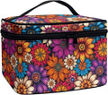 Vibrant Hippie Flower Pattern Travel Makeup Bags for Women Portable Tote Cosmetic Case with Carry Handle Toiletry Accessories Storage Organizer Bags