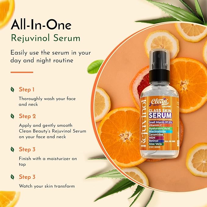Clean Beauty Snail Mucin Serum Vitamin C Face Serum Anti Aging with Hyaluronic Acid Niacinamide Retinol MSM Aloe Vera & Ceramides, Korean Skin Care Dark Spot Remover for Glowing Skin Beauty, Pack of 1