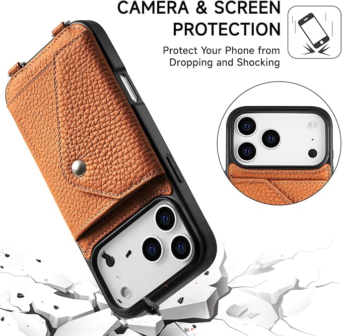 LUCKYCOIN Crossbody Wallet Phone Case for iPhone 17 Pro Max,100% Genuine Leather Wallet Phone Case with Expandable Flip Card Holder,Phone Purse for Women with Adjustable Removable Strap - Pebble Brown
