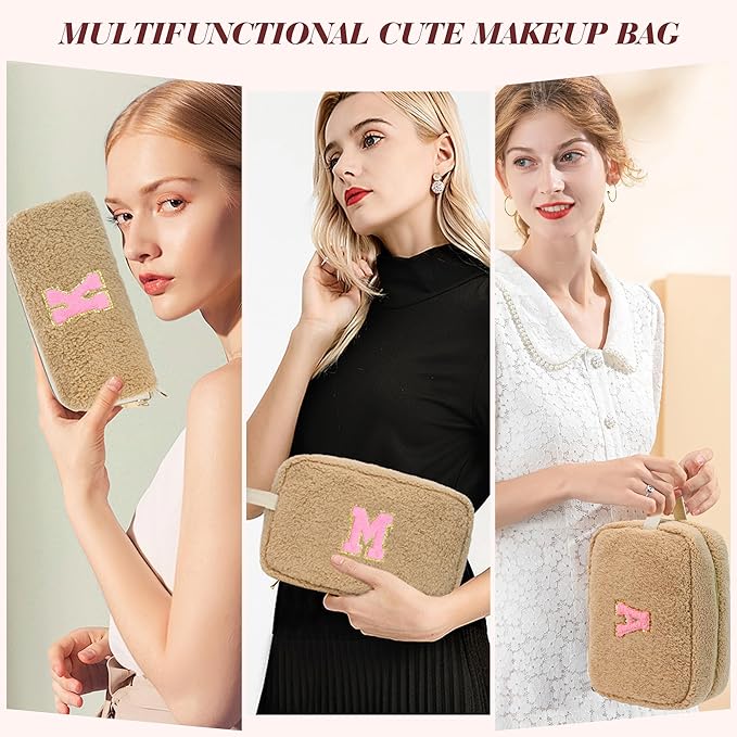 for Christmas Day Gifts, Personalized Initial Cosmetic Bag Pouch for Teen Girls, Preppy Makeup Travel Bags for Daughter Sister Girlfriend, Monogramed Make Up Pouch for Birthday Gifts - Brown U