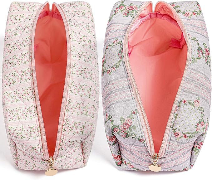 Makeup Bag Travel Cosmetic Bag for Women Girls, Zipper Make Up Pouch, Floral Flowers Toiletry Organizer Makeup, Portable Storage Bag, Cosmetic Travel Cloth Bag (Pink+Blue)