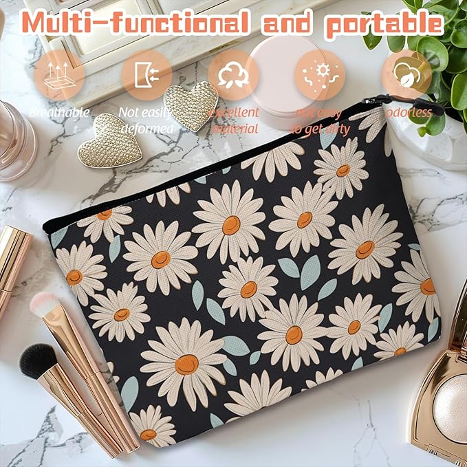 Cosmetic Bags Travel Makeup Toilet Case Waterproof Pouch for Women Girls 6.7X9.45inches - Daisy Pattern With Light Blue Leaves on Black