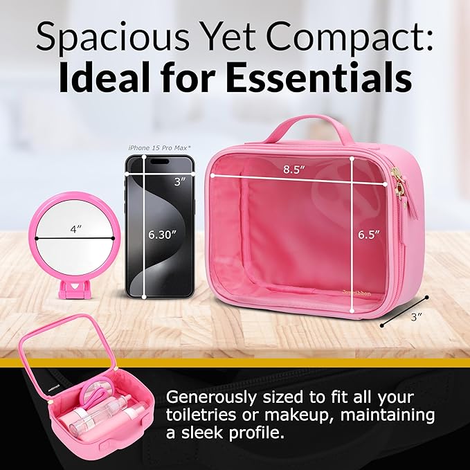 Pink Makeup Cosmetic Bag, Travel Toiletry Bag, Cute Makeup Pouch, Transparent Travel Case, Clear Front, Waterproof and Quart Size Bag, Best Gift for Girls, Teens, Women
