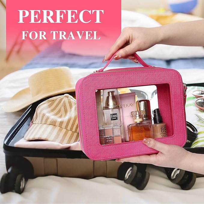 Pinkmik Clear Makeup Bag with Brush Bag 2pcs Waterproof Travel Case for Cosmetics and Toiletries Women's Cosmetic Organizer with Zipper (X/Fuxia, L+SLIM)