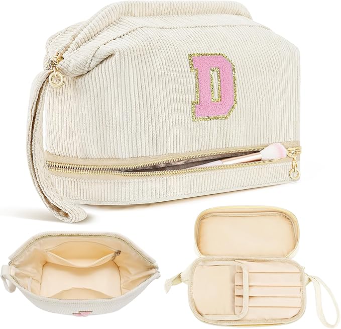 Makeup Bag for Girls Gift, Personalized Christmas Gifts Initial Women Makeup Bag for Travel, Double Layer Cosmetic Bag with Brush Organizer Preppy Make up Bag for Teen Girl Trendy - D