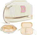 Makeup Bag for Girls Gift, Personalized Christmas Gifts Initial Women Makeup Bag for Travel, Double Layer Cosmetic Bag with Brush Organizer Preppy Make up Bag for Teen Girl Trendy - D