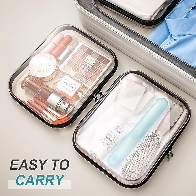 Sanwuta 6 Pcs Clear Hard Zipper Case Hard Plastic Zipper Pouches Makeup Bag Pencil Pouches Transparent Cases for Snacks Plastic Storage Organizer Box for Travel(Black,9.84 x 7.87 x 2 Inch)
