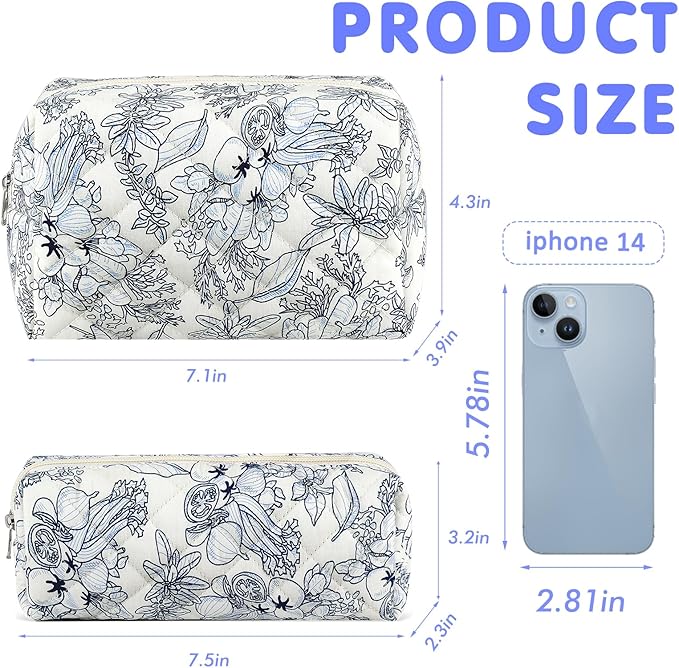 2Pcs Floral Makeup Bag for Women Cotton Quilted Coquette Cosmetic Bag Cute Zipper Black Flower Makeup Pouch Aesthetic Portable Pencil Pouch Travel Toiletry Bag Trendy Cloth Skincare Bag