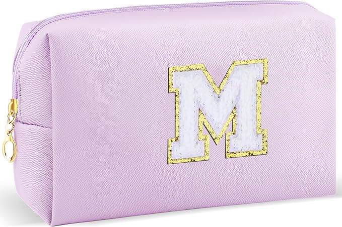 Gifts for Girls Initial Makeup Bag Personalized Cosmetic Bag with Zipper Cute Travel Toiletry Bag Waterproof PU Preppy Makeup Pouch Birthday Gift for Teen Girls Women(Purple M)