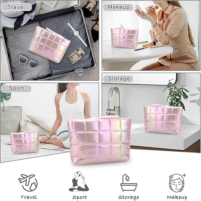 DOB SECHS Quilted Checkered Makeup Bag with Strap, Cute Puffer Cosmetic Bags for Women, Cotton Puffy Toiletry Zipper Pouch, Travel Essentials Storage Organizer Clutch Pencil Case, Iridescent Pink