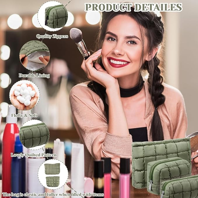 3 Pcs Puffy Makeup Bag Quilted Cosmetic Pouch for Women Cute Checkered Travel Toiletry Bag Puffer Makeup Organizer Purse Pouch Preppy Pencil Case with Zipper(Green)