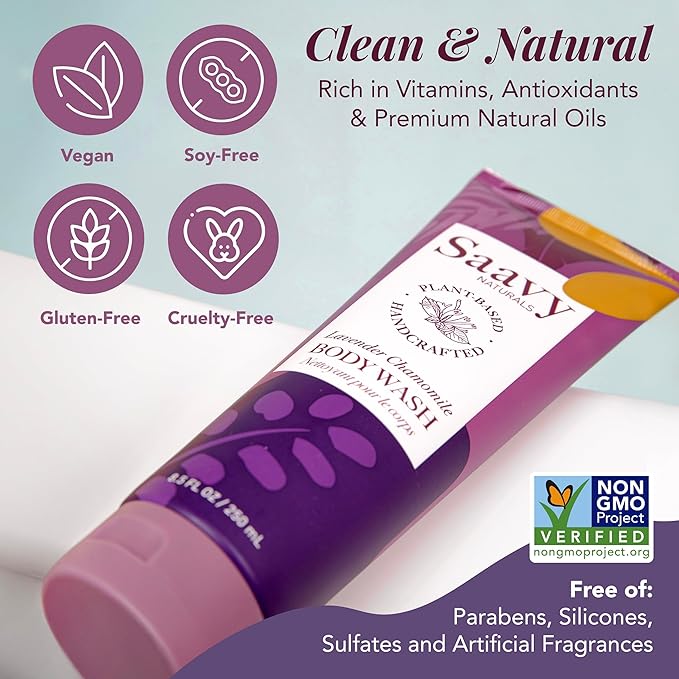 Saavy Naturals Body Wash Lavender Chamomile Plant-Based Ingredients| Made In USA | Sensitive Skin Body Washl Organic Formula With Coconut Oil, Shea Butter, And Aloe Vera - 8.5 Fl Oz