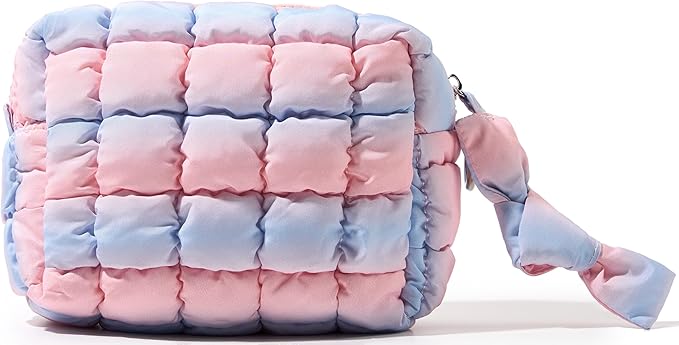 Yarnic Quilted Makeup Bag Cosmetic Bag, Travel Toiletry Bag for Women, Cute Makeup Bag Organizer Puffer Makeup Pouch (Blue Pink, S)