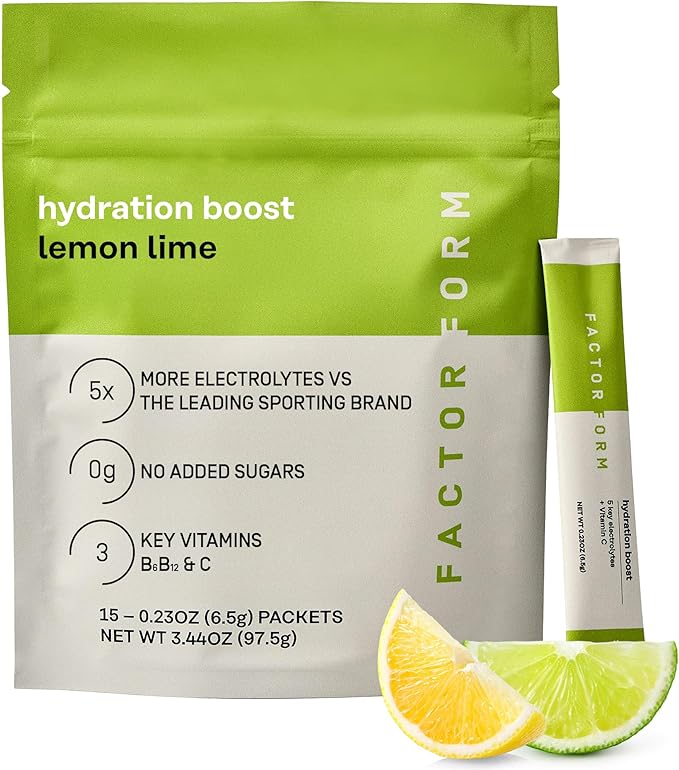 FACTOR FORM Hydration Boost Electrolyte Powder | 1800mg Electrolytes | Vitamin C, D, B6 & B12 for Energy & Immunity | No Added Sugar | 5 Calories | 15 Packets (15 Packets, Lemon Lime)