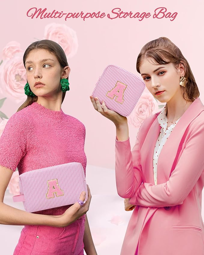 MONSTINA Personalized Initial Makeup Bag for Women,Make Up Case for Girlfriend Bridesmaid Wife,Birthday Gift for Her Cute Toiletry Bag,2PCS,Pink L