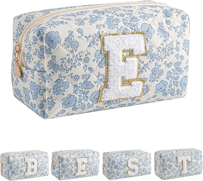 JOVAKIT Alphabet Makeup Bag Cosmetic Bag for Women, Christmas Gifts for Girls Age 6-18, Floral Flowers Coquette Travel Toiletry Zipper Make Up Pouch Organizer Trendy Stuff (Blue Floral E)