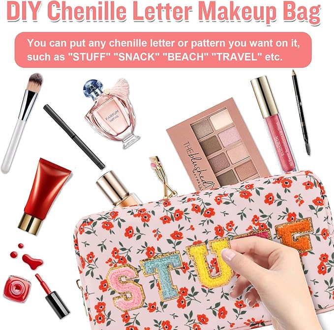 Nylon Small Floral Makeup Bag for Purse, Cute Preppy Pink Makeup Bag Flower Cosmetic Zipper Pouch, Waterproof Portable Travel Toiletry Makeup Brush Bag Organizer Storage for Women Girls(Pink-Floral)