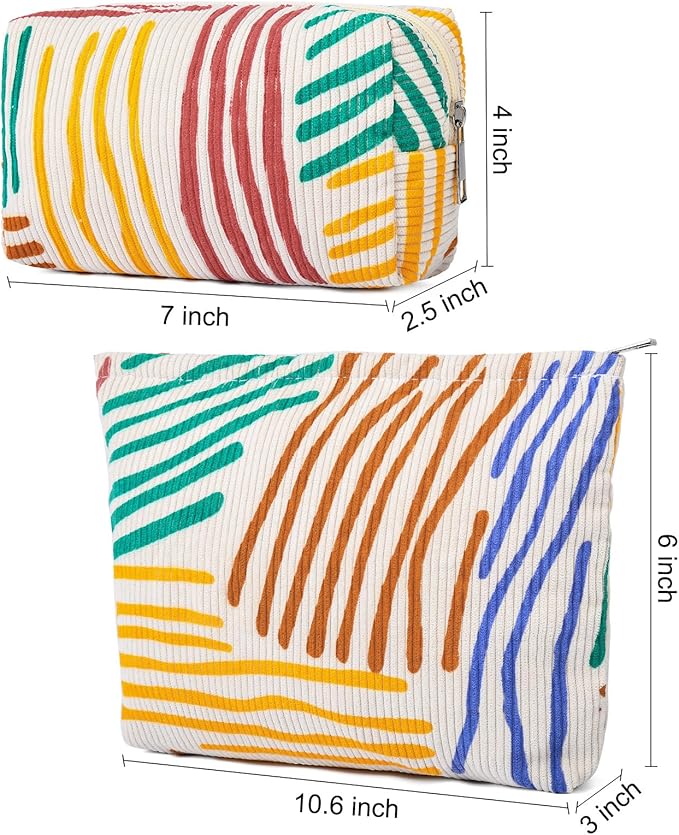 SOIDRAM 2 Pieces Stripes Makeup Bag Large Corduroy Cosmetic Bag Capacity Canvas Mix Travel Toiletry Bag Organizer Cute Makeup Brushes Aesthetic Accessories Storage Bag for Women, Stripes Mix Colorful