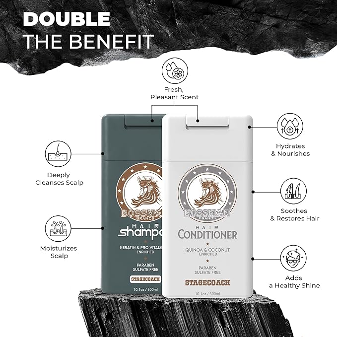 Bossman Hair Shampoo and Conditioner Combo - Hydrating, Strengthening, and Soothing Formula for Men's Hair - Paraben Free & Sulfate Free (Stagecoach) - Packaging May Vary