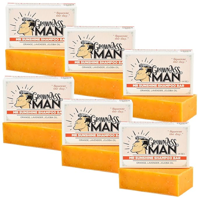 Grown Ass Man Co. - Solid Shampoo Bar Rich Lather 3 in 1: Hair, Beard & Body Wash - Plastic Free & Eco-Friendly, Natural & Organic Clean for All Hair Types, 4oz Bar (Mister Sunshine, 6-Pack)