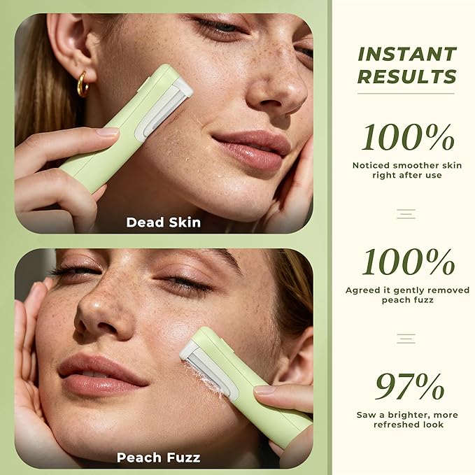Dermaplane Razor for Women Face, WLU Rechargeable Face Dermaplaning Tool – Peach Fuzz, Facial Hair & Exfoliation Removal, Sonic Technology with LED Light, 3 Speeds & 10 Blades (Green)